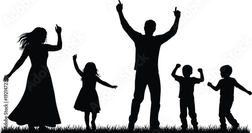 Family celebration silhouette with parents and children dancing outdoors, joyful unity concept, lifestyle happiness design, flat vector illustration