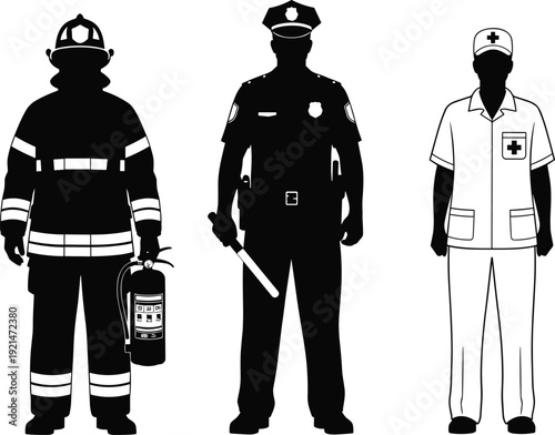 Emergency service silhouettes, firefighter, police officer, medical professional, public safety icons, uniformed heroes, rescue and protection theme - flat vector illustration