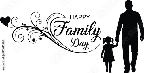 Family Day celebration design, parent and child silhouette, decorative flourish with heart, togetherness theme, holiday greeting card - flat vector illustration
