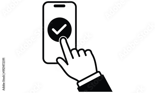 Hand pressing confirmation button on smartphone screen in vector graphic illustration of approval and technology integration scene successfully.