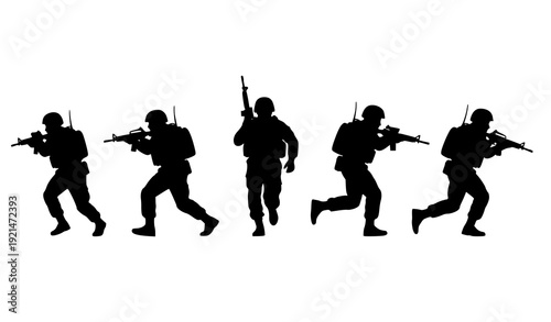 Modern Military Soldiers Running Silhouette Set with Rifles Action Vector Illustration