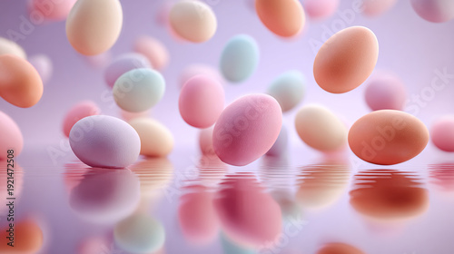 Pastel colored eggs floating above a reflective water surface create a dreamy spring holiday scene.