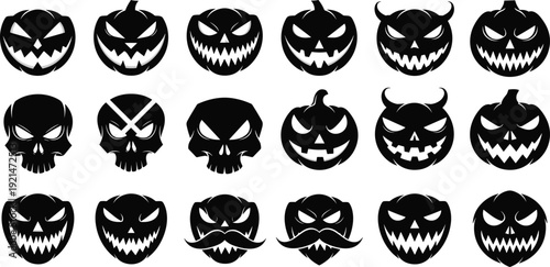 Halloween faces silhouettes collection, jack-o’-lantern skull vector illustration, spooky scary funny artwork design graphic - flat vector illustration