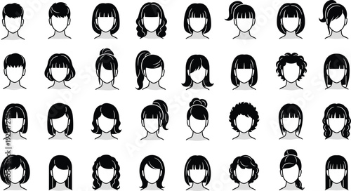 Hairstyle silhouettes, diverse haircuts, straight, wavy, curly, buns, ponytails, bangs, fashion design reference, faceless heads - flat vector illustration