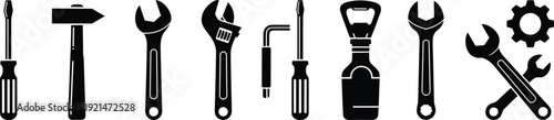 Hand tool silhouettes, screwdriver, hammer, wrench, adjustable spanner, hex key, Phillips screwdriver, gear icon, DIY repair set - flat vector illustration