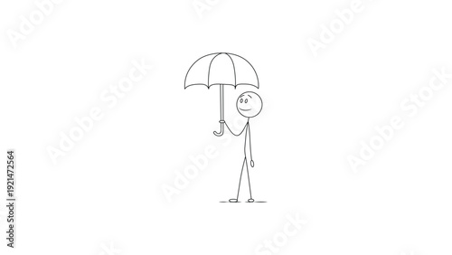 Stickman Holding Umbrella Illustration | Simple Rain Protection Line Drawing , Stick Figure with Umbrella | Minimal Weather Protection Line Art ,Stick Man in Rain with Umbrella