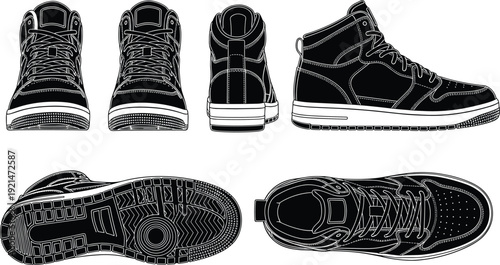 High-top sneaker silhouettes, footwear design, shoe construction, stitching details, lace placement, sole tread, technical drawing, product visualization - flat vector illustration