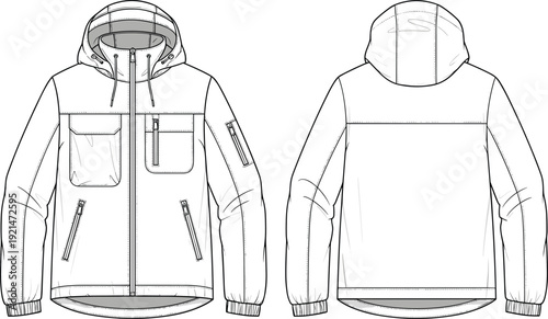 Hooded jacket technical flat sketch, front back view vector, fashion design blueprint apparel construction illustration - flat vector illustration