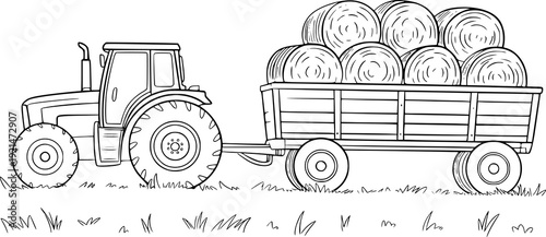 Black and white line of a tractor pulling a wagon full of hay bales a white background