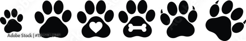 Paw print silhouettes, pet care icons, animal tracks, heart and bone symbols, veterinary design, dog and cat theme - flat vector illustration