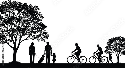 Park scene silhouettes, family leisure, walking dog, cycling, children playing, nature trees, outdoor activity, community lifestyle, peaceful environment - flat vector illustration