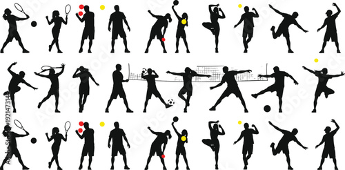 Sports silhouette collection with tennis, volleyball, soccer, dance poses, athletic activity illustration, physical motion concept, flat vector design