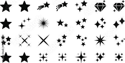 Star and sparkle icons, celestial symbols, shooting stars, twinkling effects, decorative cosmic elements, abstract night sky design - flat vector illustration