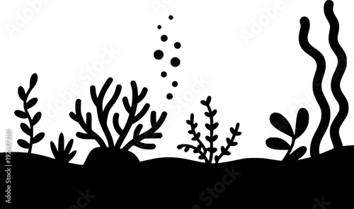 Black Silhouette Underwater Plants and Bubbles White Background Simple ocean nature