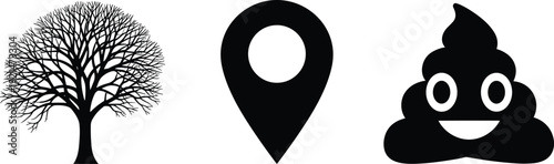 Tree silhouette, location pin icon, smiling poop emoji, humorous mixed symbols, nature and digital design contrast - flat vector illustration