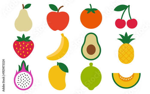 Collection of colorful flat fruit a white background pear apple