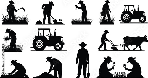 Agriculture silhouettes, farmers working, tractor, ox plowing, planting seeds, harvesting crops, rural labor, traditional and modern farming tools - flat vector illustration