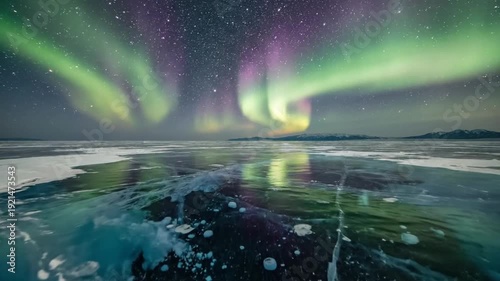 Aurora Borealis Over Frozen Lake Baikal - A Night Spectacle.