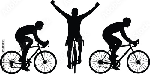 Cyclist Silhouette Set Riding Road Bike with Victory Pose, Professional Cycling Athlete in Action Isolated on White Background Sports Concept