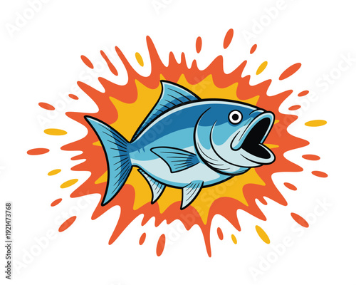 Dynamic cartoon tuna fish explosion vector art
