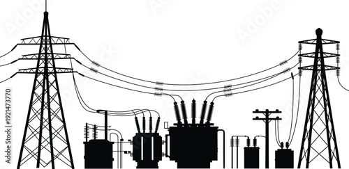 Electrical Power Substation and High Voltage Transmission Towers Silhouette, Energy Distribution Infrastructure with Transformers and Overhead Power Lines Isolated on White Background