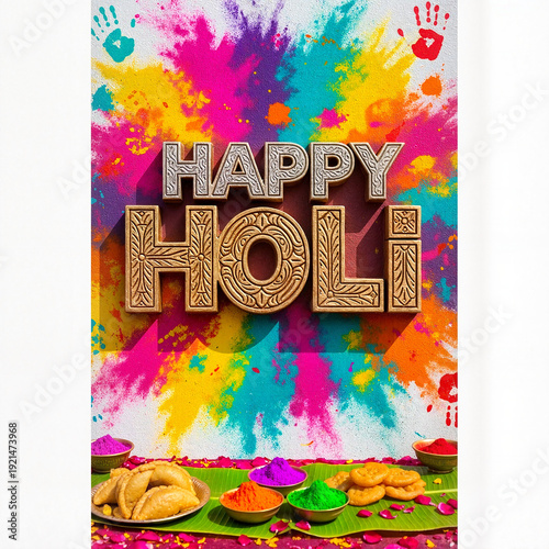 Colorful Holi festival celebration with sweets and vibrant powder  
