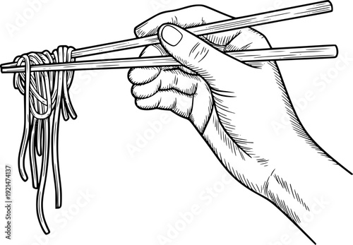 Hand holding chopsticks with spaghetti noodles white background line food
