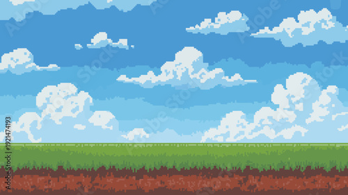 Pixel landscape with blue sky white clouds green grass and brown earth layers