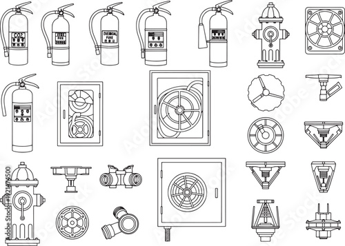 A detailed illustration showcases a variety of essential fire safety equipment, meticulously drawn with precise lines and meticulous detailing.