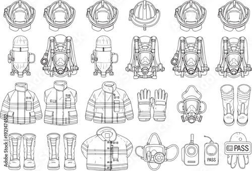 Detailed sketch of firefighting equipment, meticulously rendered and ready for various design purposes. The equipment is presented in a detailed, blueprint-style illustration.