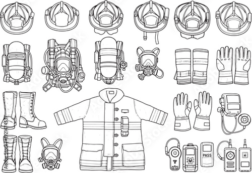 Safety Equipment of Firefighter. Featuring an array of firefighter safety equipment, this image emphasizes readiness. 