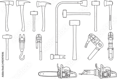 A comprehensive illustration showcases essential tools, meticulously outlined to represent a variety of industrial and construction instruments. This monochrome illustration highlights the tools.