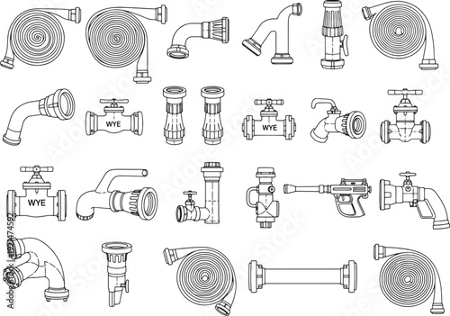 A detailed illustration showcases an array of firefighting equipment, demonstrating the tools used in fire safety. 