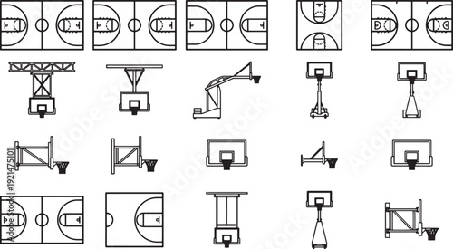 Basketball court and equipment set with top view showing various designs and perspectives, each detail precisely rendered to highlight their form and functionality.