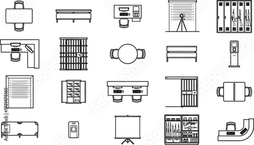 Illustration of various office furniture and equipment. A top-down view design in line art style for interior planning.