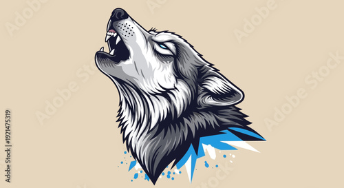 Vector illustration of a wolf's head howling, isolated on beige background