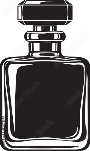 A black and white illustration of a perfume bottle with a sleek cap, standing alone on a transparent background, viewed from the front.