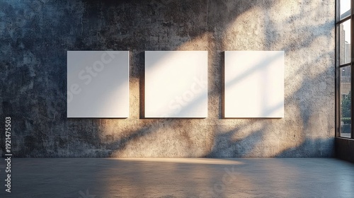 Three blank square canvases on a textured concrete gallery wall bathed in warm sunlight and window shadows, creating a serene minimalist exhibition space