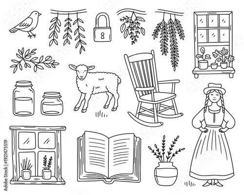 Whimsical hand-drawn rustic farmhouse and country life illustration