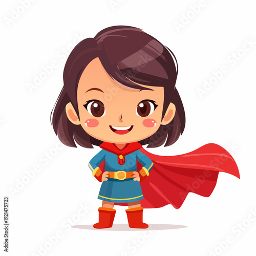 Cute cartoon superhero girl standing confidently with a red cape.
