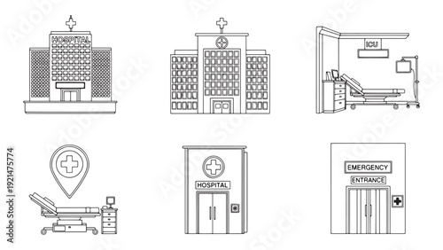 Hospital and clinic infrastructure icons set for healthcare facilities administration and medical service operations