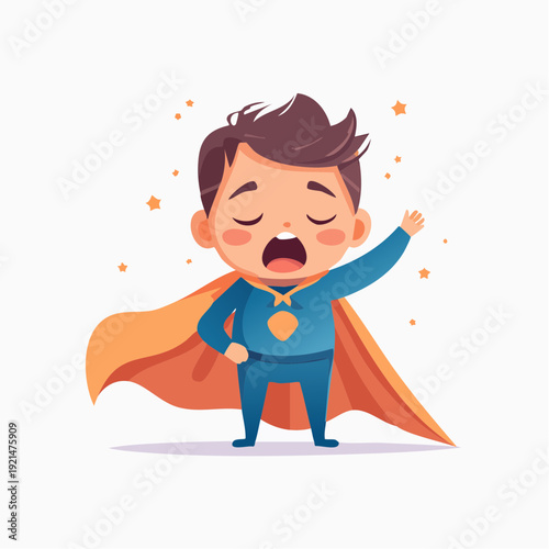 Tired superhero boy yawning with eyes closed.