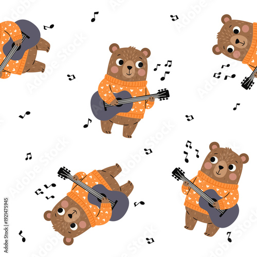 Seamless vector pattern in a simple children's style. A cute bear in a sweater plays the guitar, surrounded by musical notes. . Vector illustration