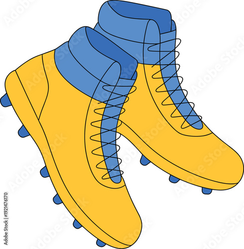 Pair of yellow and blue football cleats vector illustration with studs for soccer or american football sports footwear gear equipment isolated on white