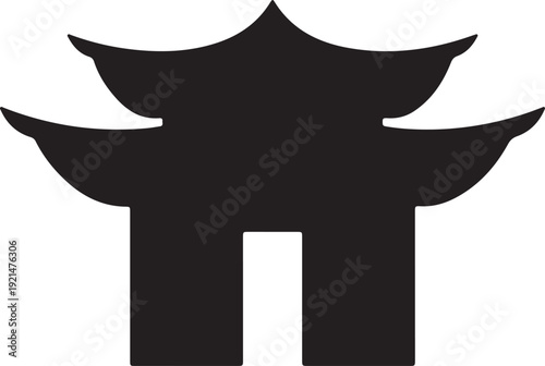 A black silhouette of a chinese gate on a white background