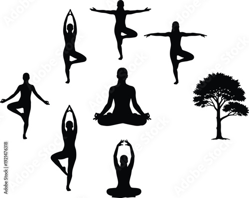 Yoga tree pose silhouette set vector illustration, meditation and balance exercise figures isolated on white background wellness design