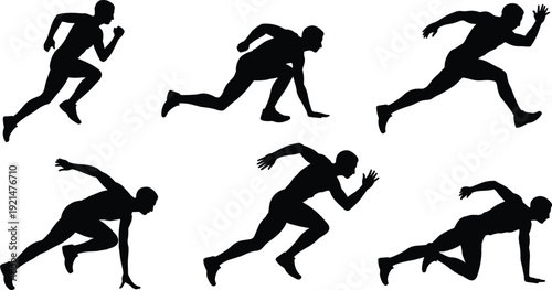 Male Sprinter Silhouettes in Running and Crouch Start Positions, Dynamic Athletic Speed Training Set Isolated on White Background Sports Concept