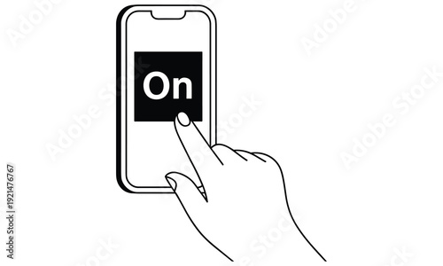 Hand turning on a smartphone with a simple graphic illustration style