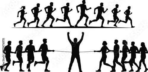 Marathon Runners Silhouette Set with Finish Line Celebration, Group of Male and Female Athletes Running and Winning Race Isolated on White Background