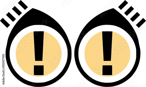 Alert cartoon eyes with exclamation mark pupils. Vector icon for security warnings, threat detection, emergency notifications, and system error web design. Isolated digital risk element